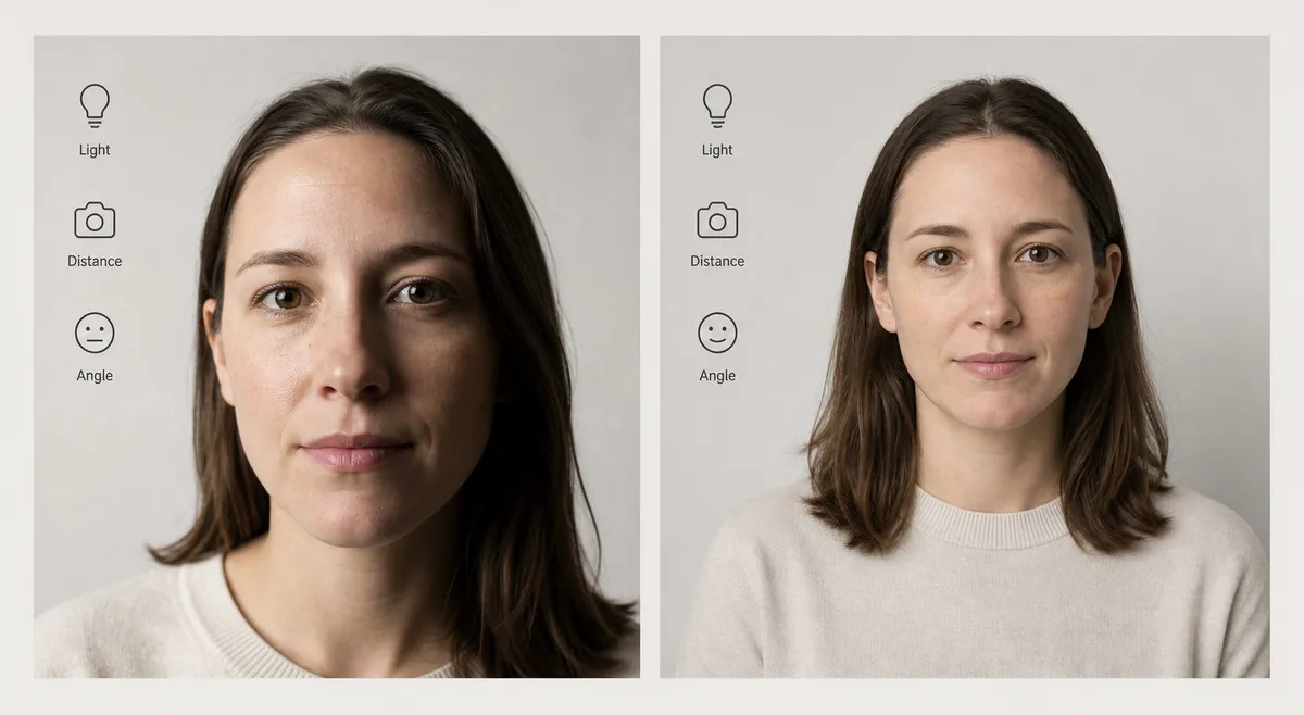 Comparison graphic showing how lighting, distance, and angle change face-rating photo results