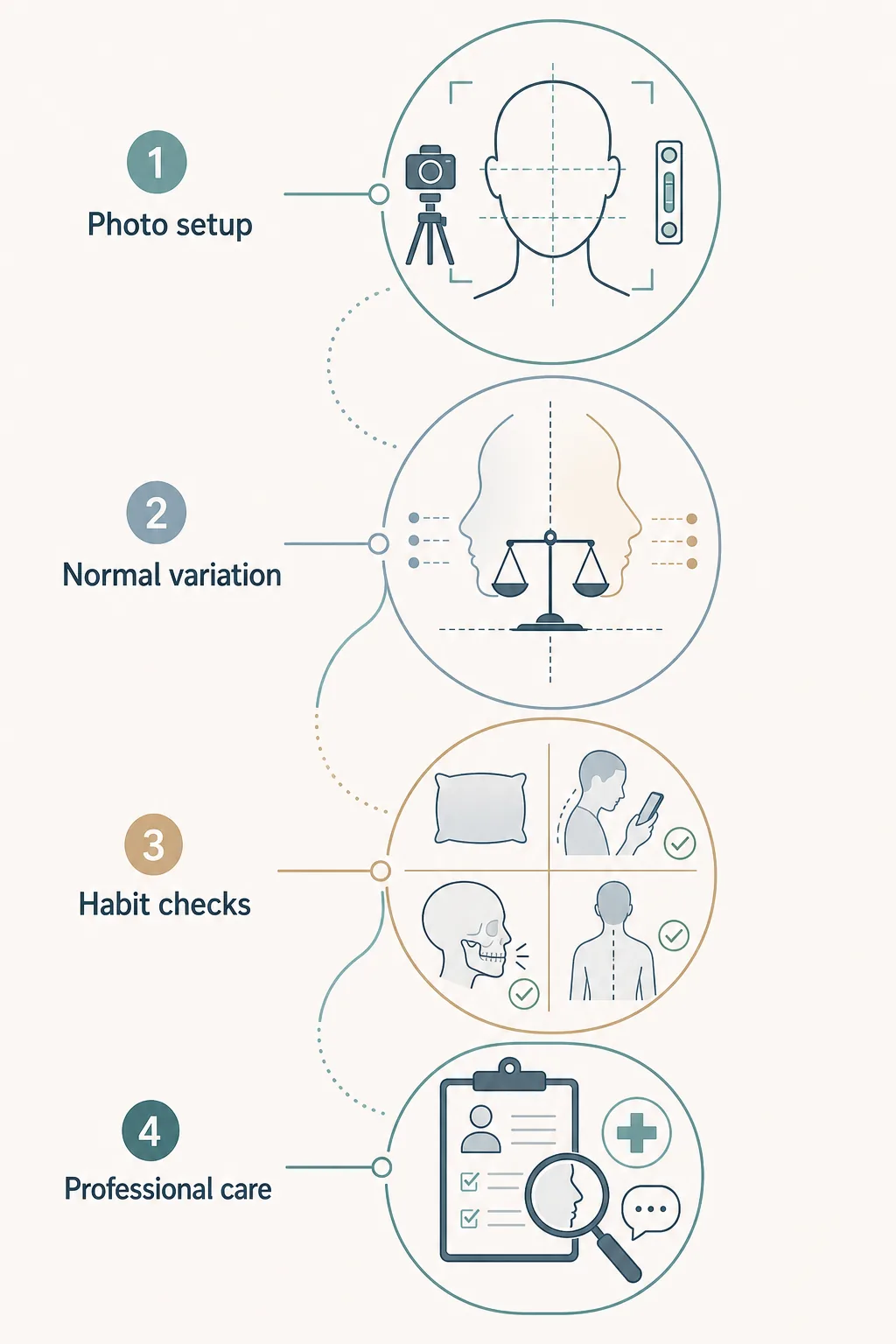 Editorial checklist showing photo setup, normal variation, habit checks, and professional care for facial asymmetry