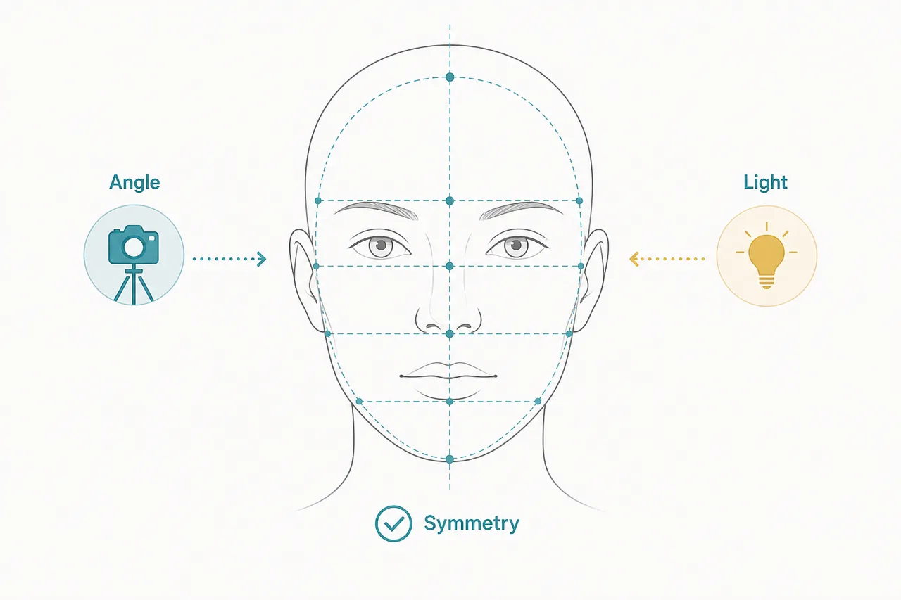 Editorial face symmetry diagram showing angle, light, and symmetry checks for an asymmetrical face