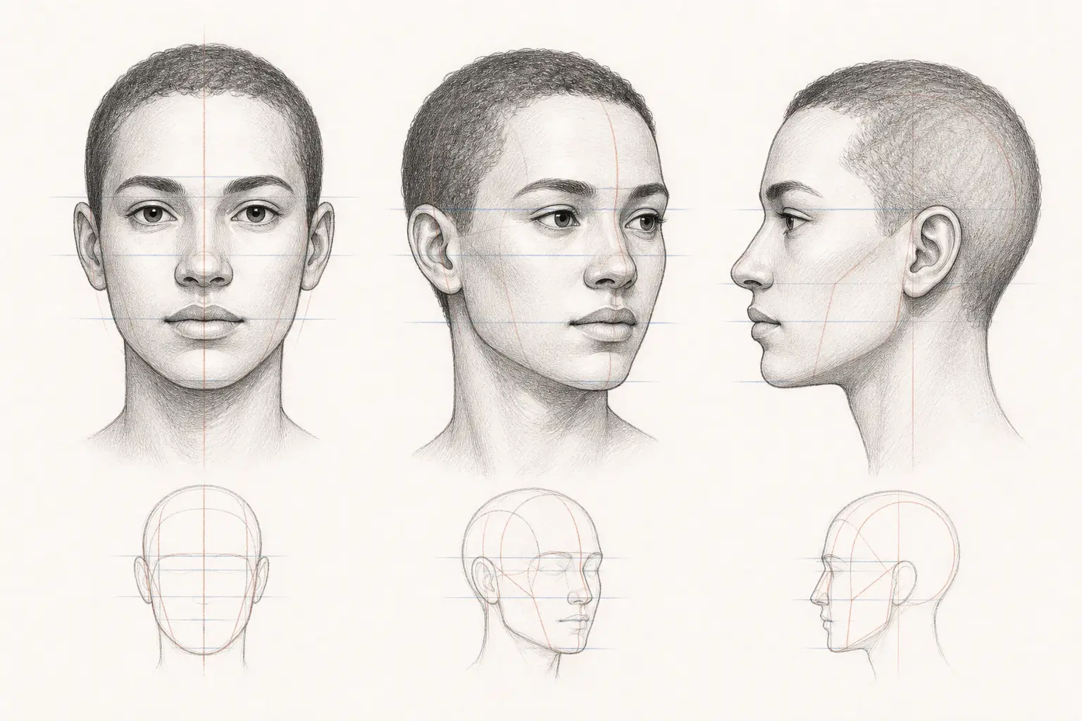 Bleistiftstudien von Gesichtern frontal, im Dreiviertelprofil und im Profil mit hellen Konstruktionslinien