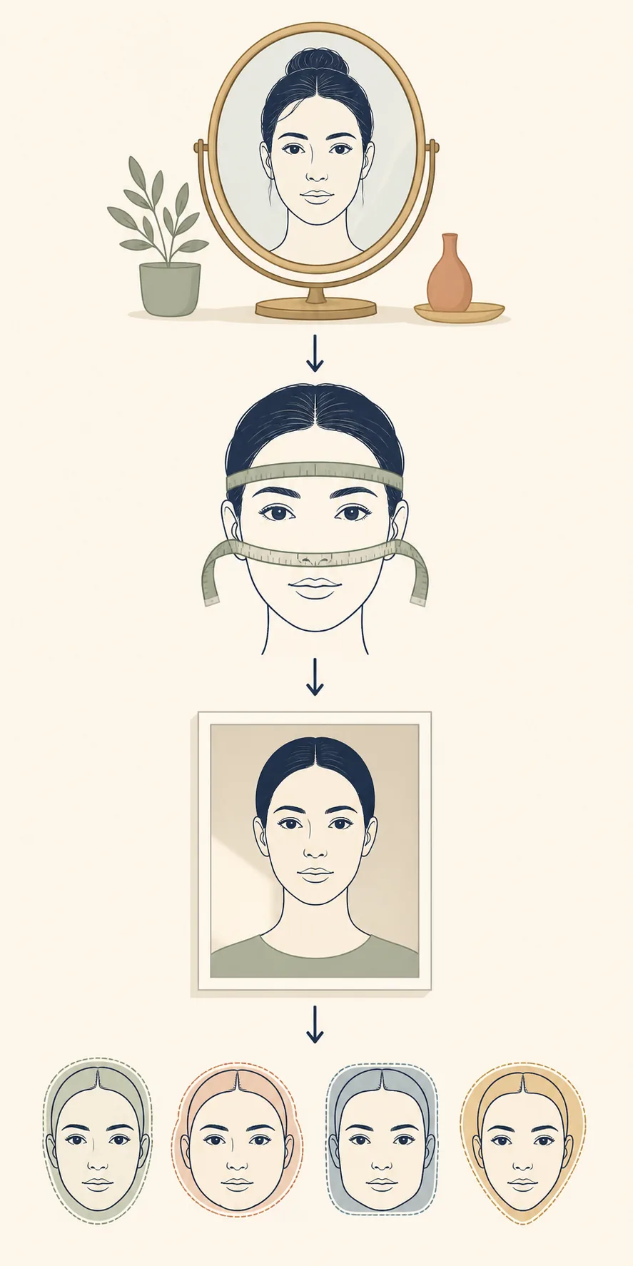 Schéma éditorial montrant un miroir, des mesures, une photo de face et une comparaison de contours