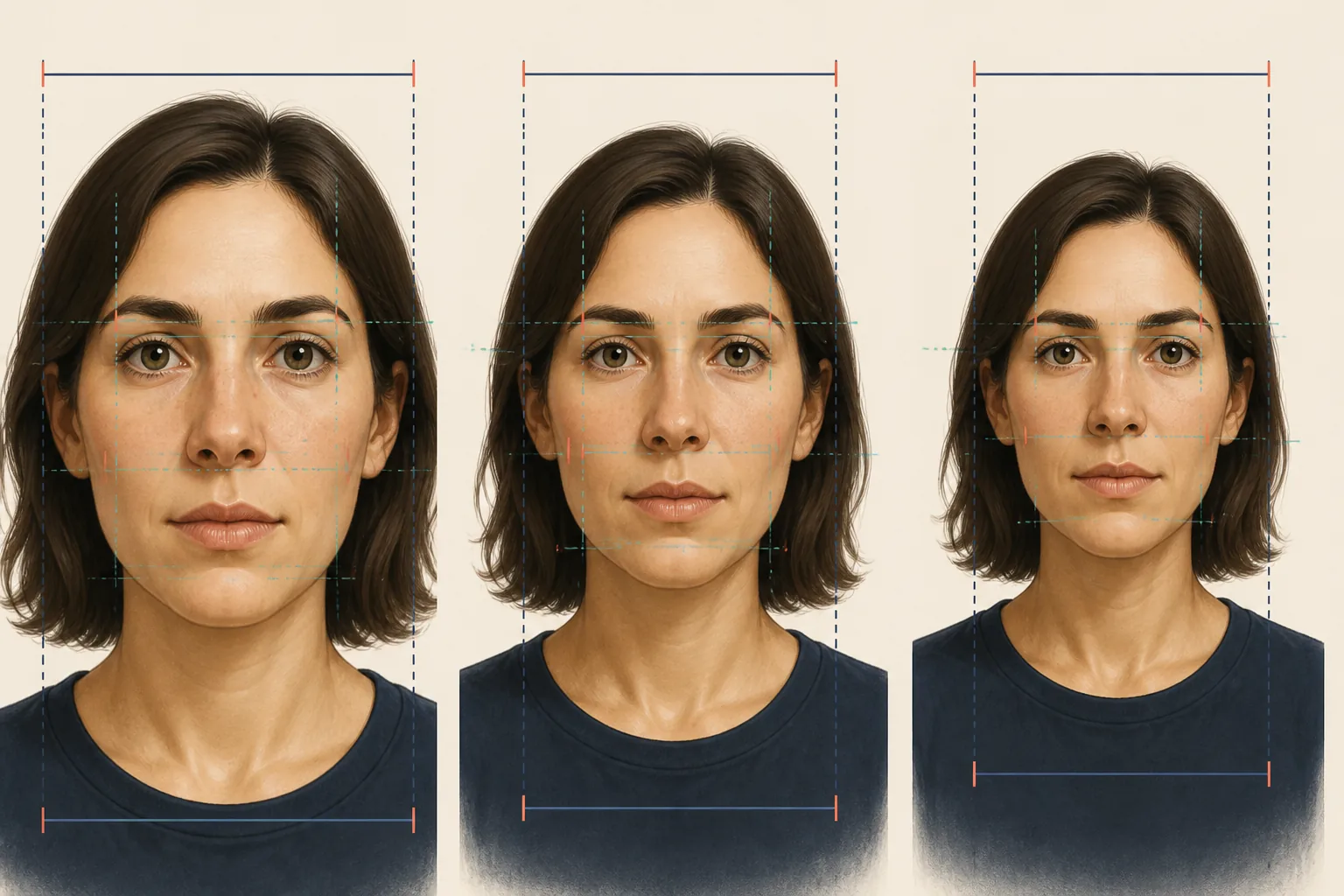Tre ritratti illustrati che confrontano prospettiva vicina, neutra e lontana