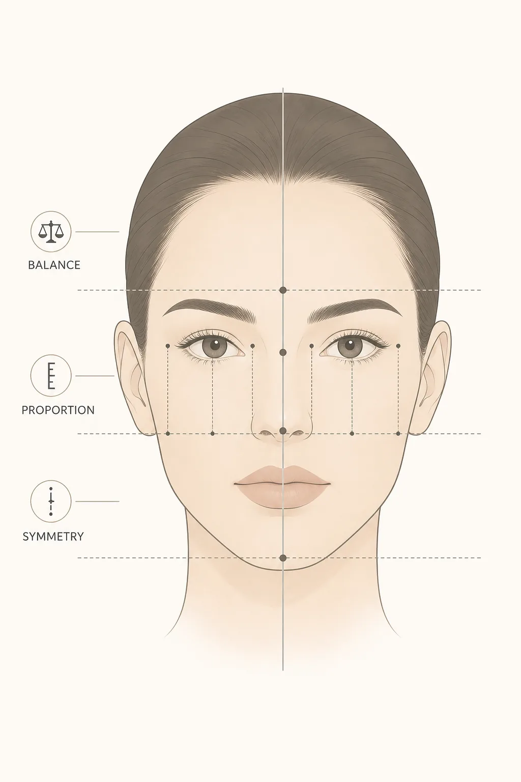 Editorial diagram showing facial harmony through balance, proportion, and symmetry