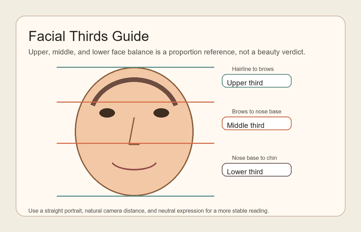 Diagram explaining upper, middle, and lower facial thirds on a portrait
