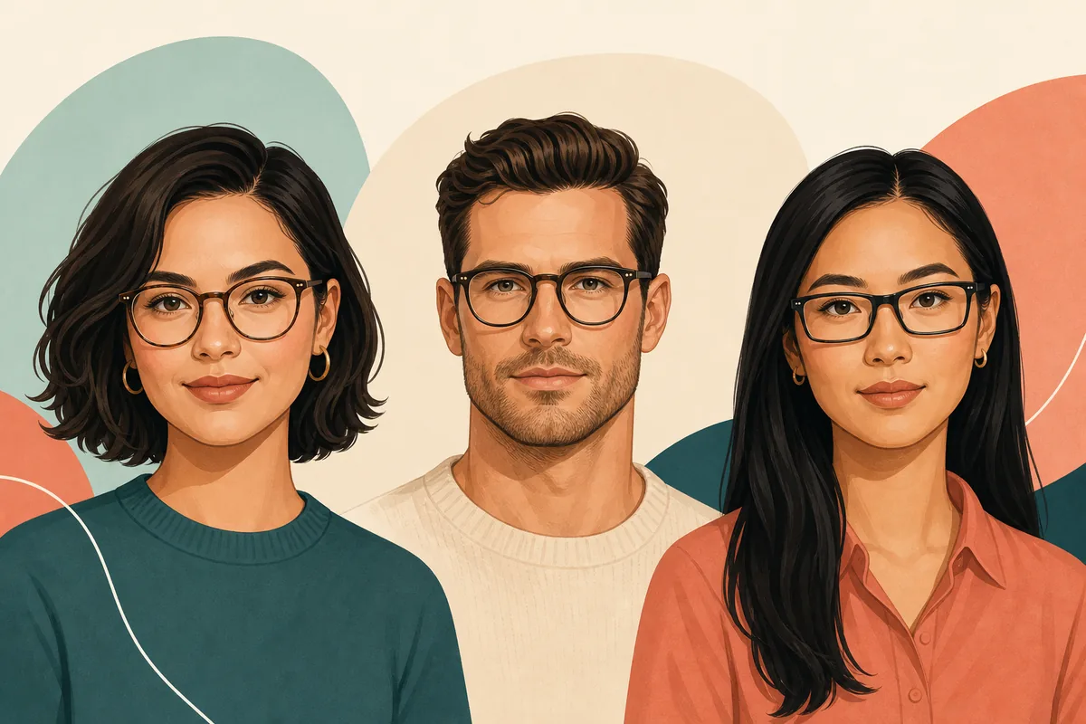 Drei diverse Porträts mit unterschiedlichen Brillenlinien und Gesichtsformen